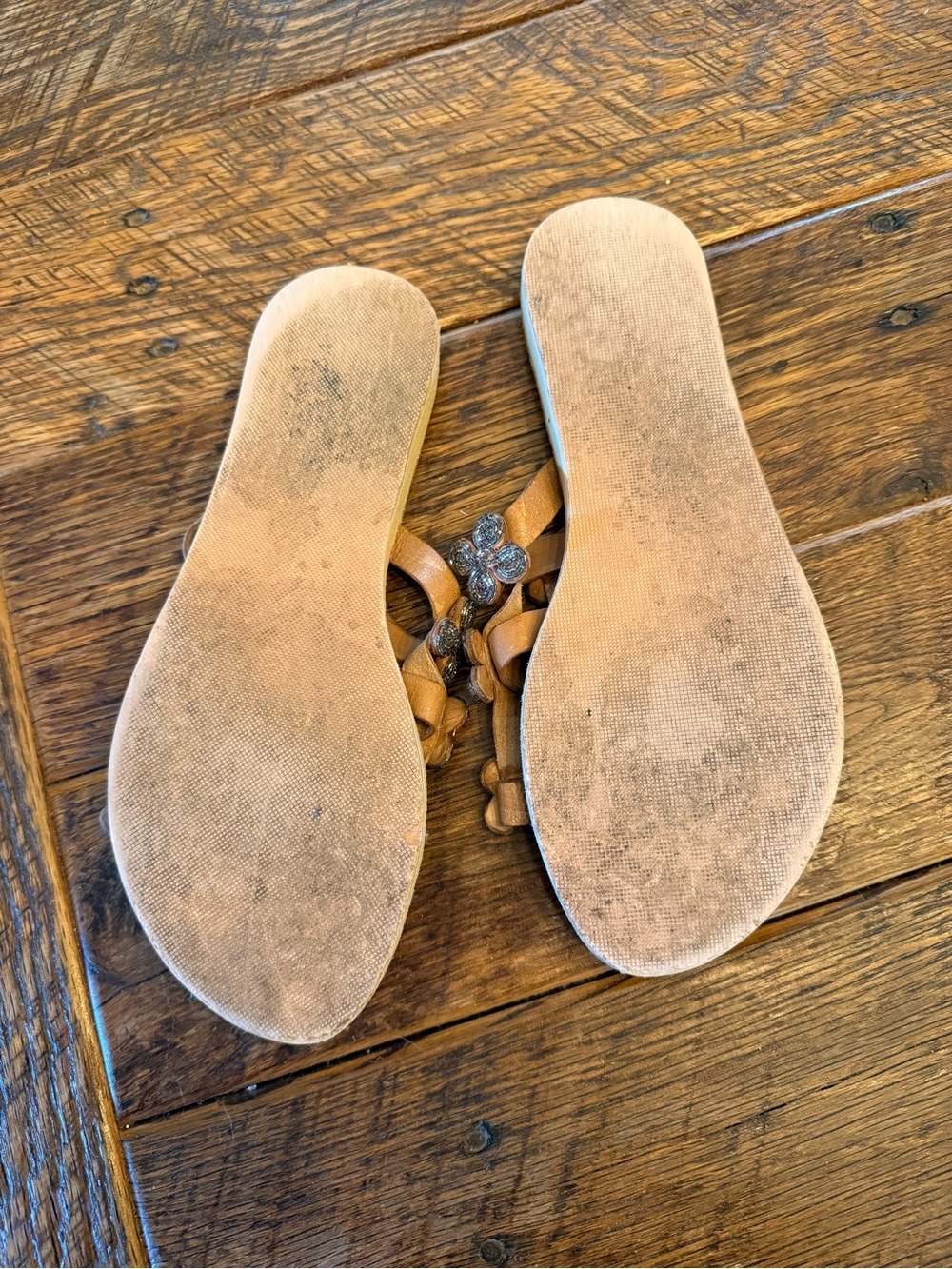 Anthropologie Tan Leather Floral-Beaded Slide Sandals - Picture 5 of 8